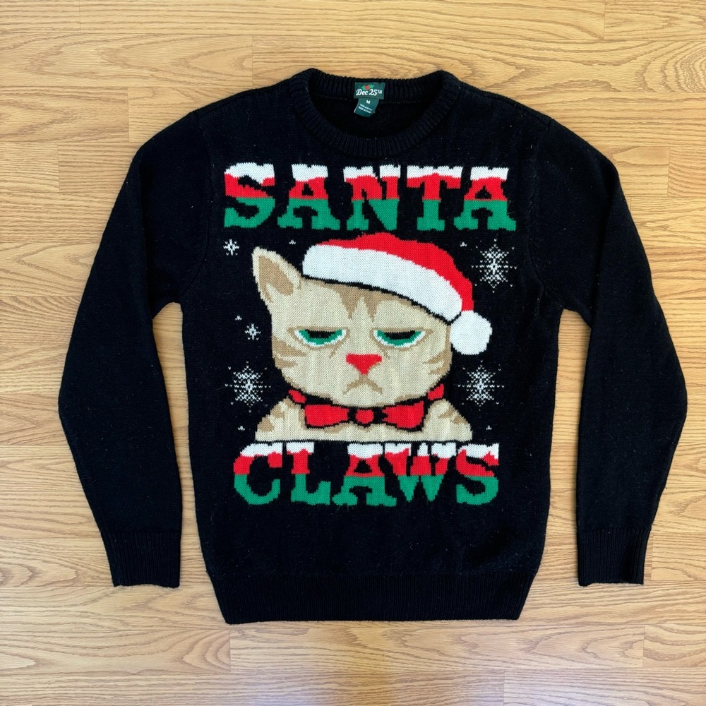 Festive Black Cat Sweater with Santa Hat